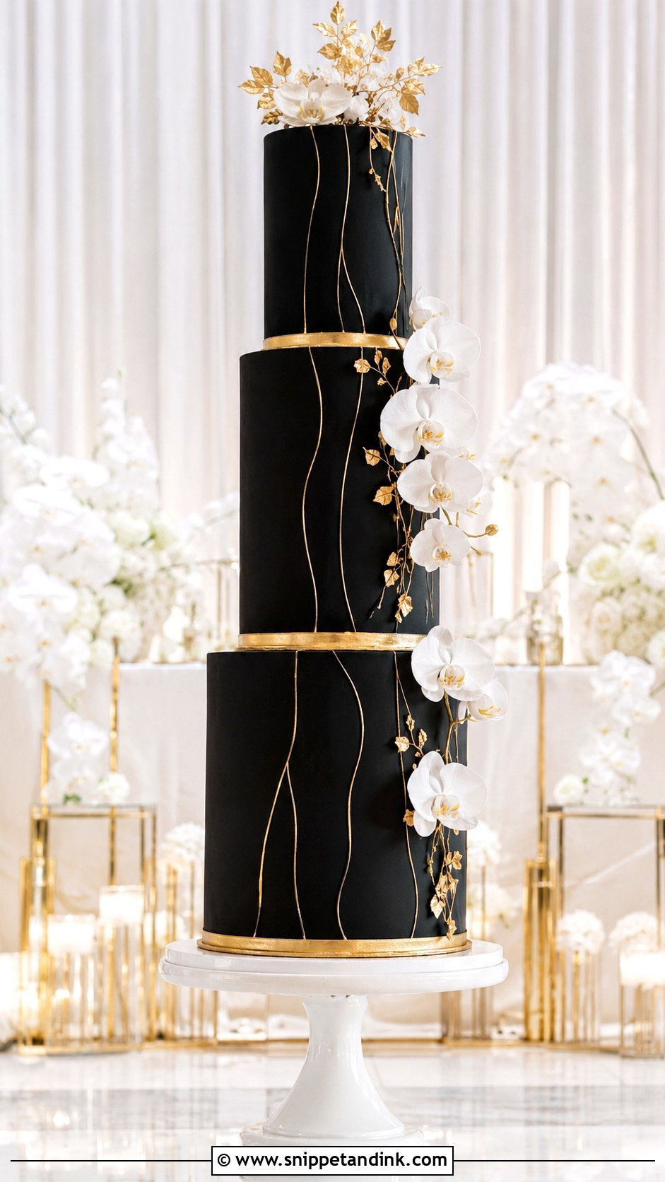 Black And Gold Wedding Cake With Tall Tiers - Snippet and Ink - 25 Black and Gold Cake Ideas for Wedding