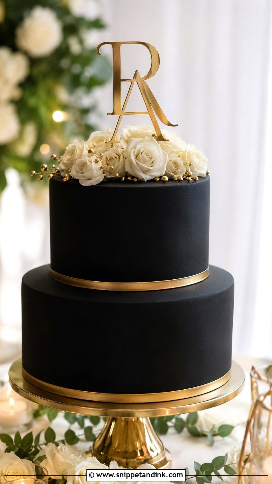 Black And Gold Wedding Cake With Topper - Snippet and Ink - 25 Black and Gold Cake Ideas for Wedding