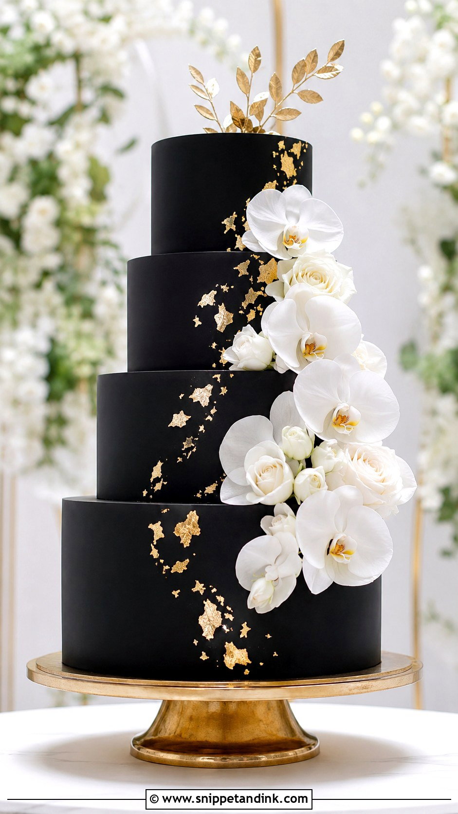 Black And Gold Wedding Cake With White Flowers - Snippet and Ink - 25 Black and Gold Cake Ideas for Wedding