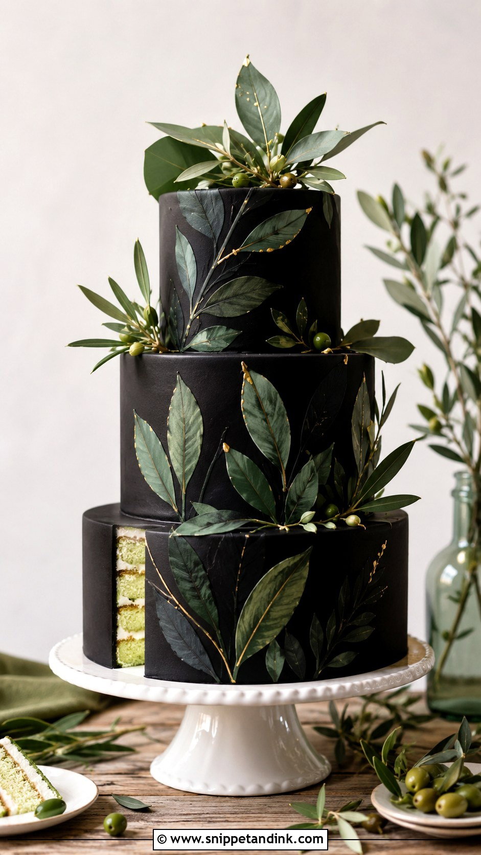 Black And Green Leaf Wedding Cake - Snippet and Ink - 25 Black and Green Wedding Cake Ideas