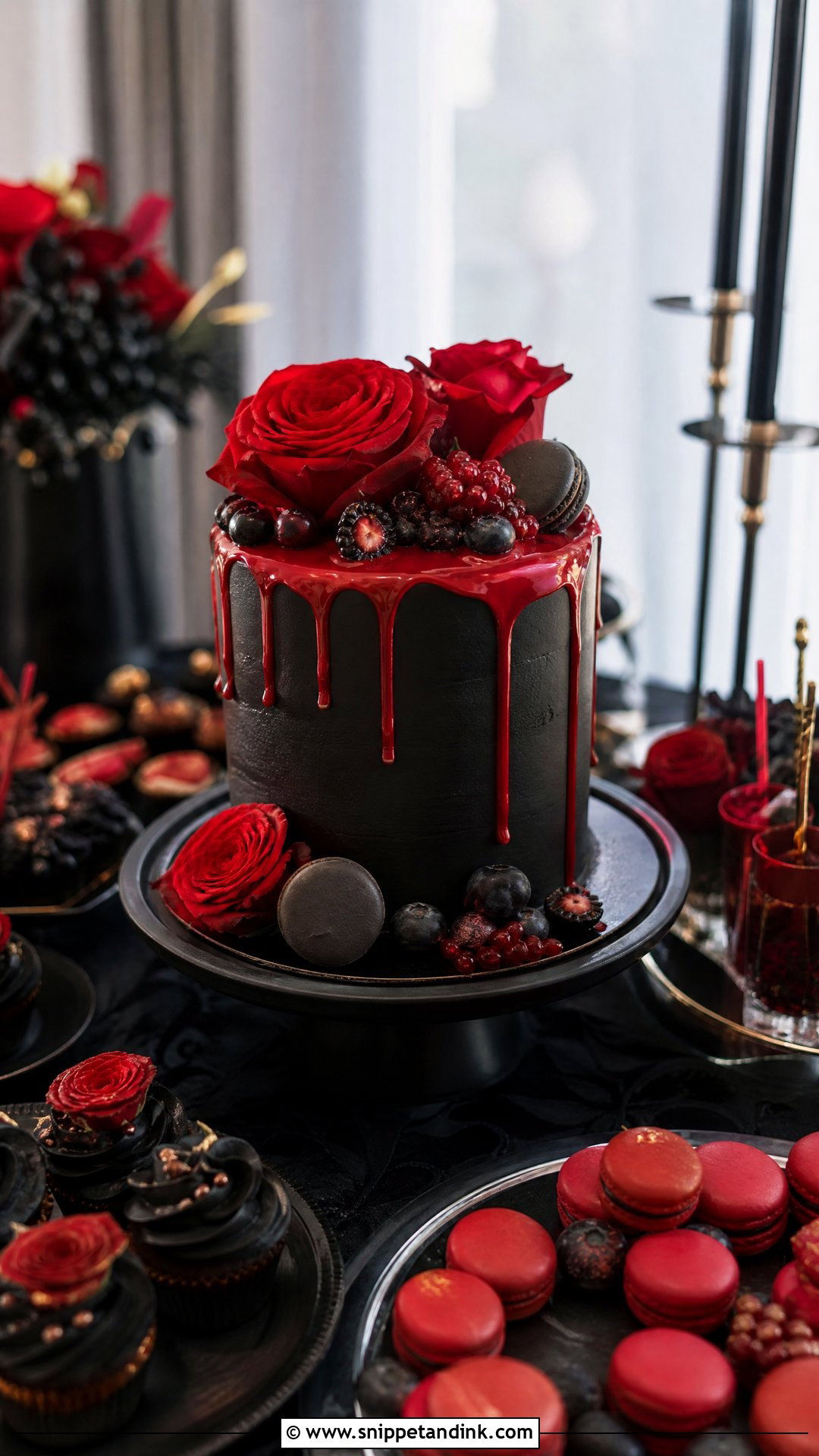 Black And Red Wedding Cake With Dessert Table - Snippet and Ink - 30 Black and Red Cake Ideas for Wedding