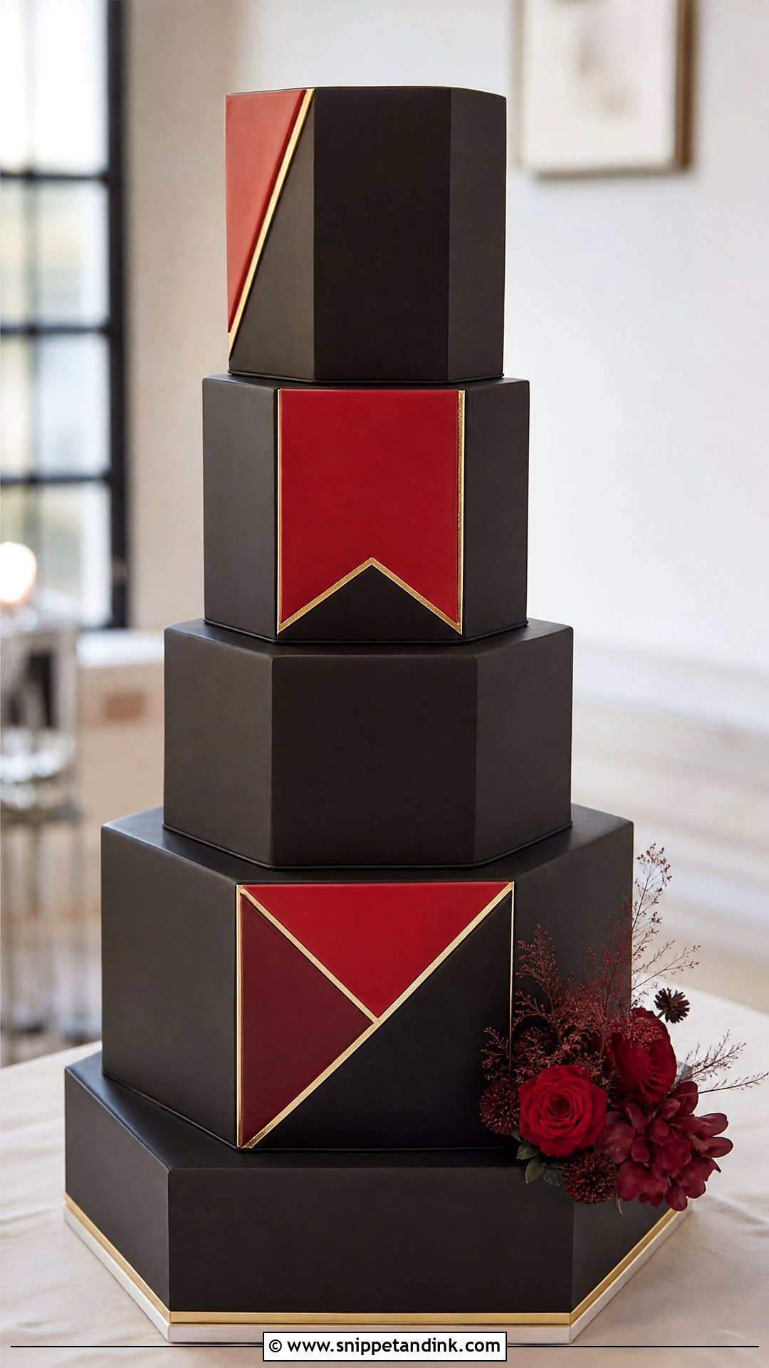 Black And Red Wedding Cake With Geometric Tiers - Snippet and Ink - 30 Black and Red Cake Ideas for Wedding