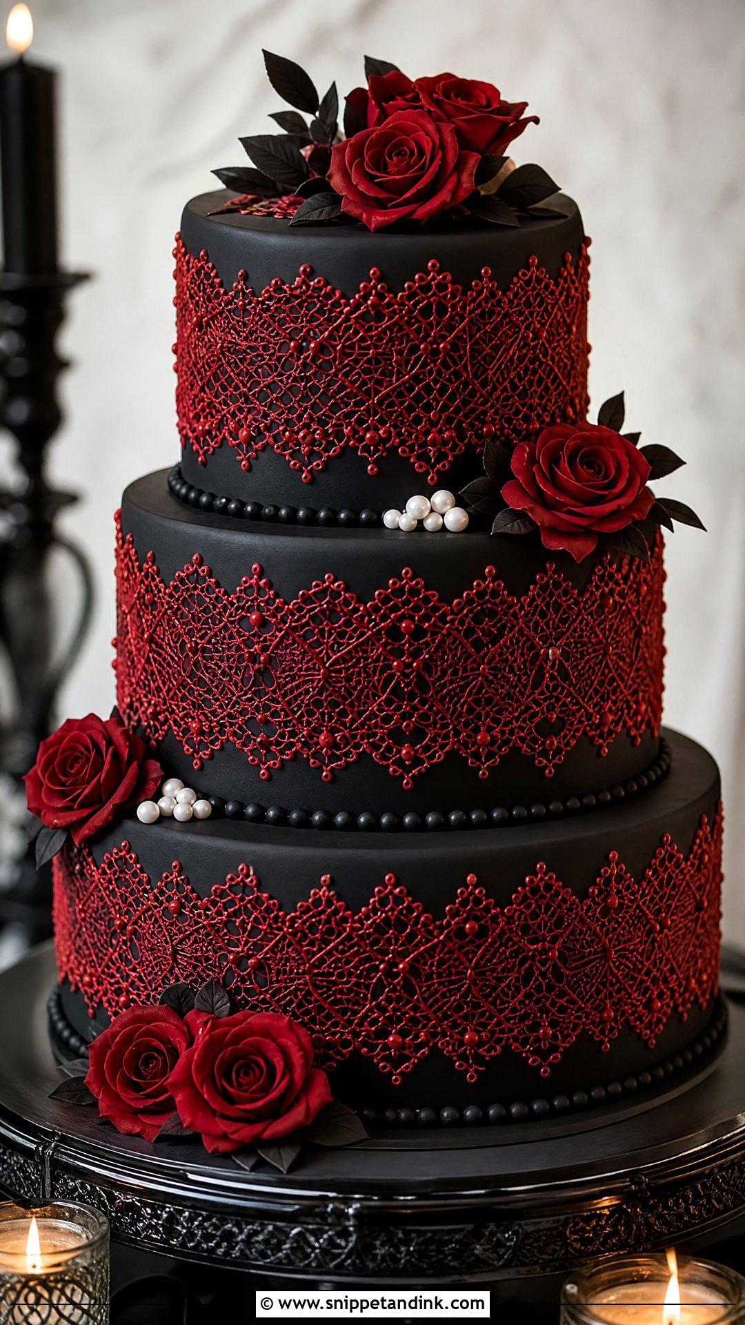 Black And Red Wedding Cake With Lace - Snippet and Ink - 30 Black and Red Cake Ideas for Wedding