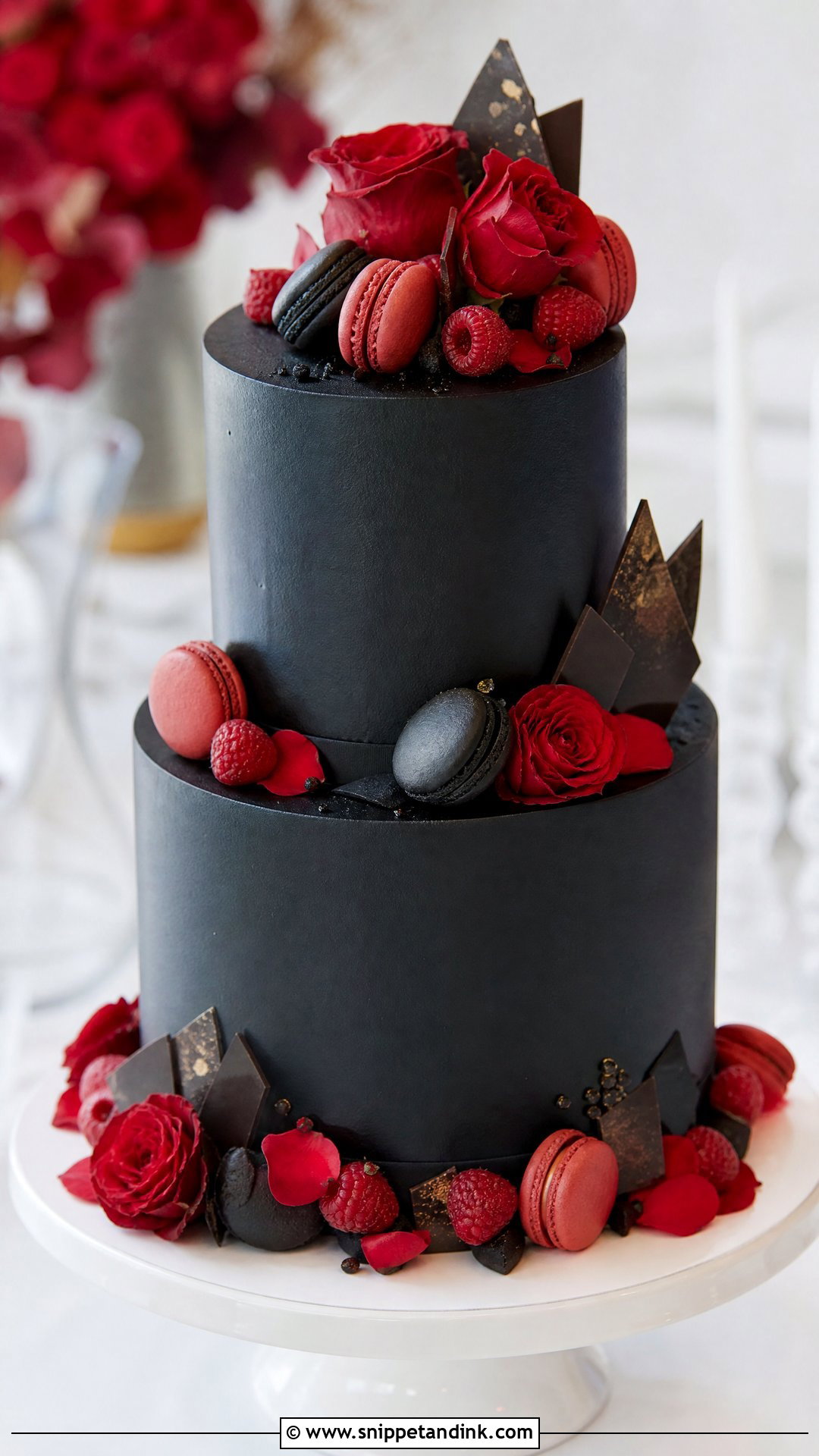 Black And Red Wedding Cake With Macarons - Snippet and Ink - 30 Black and Red Cake Ideas for Wedding
