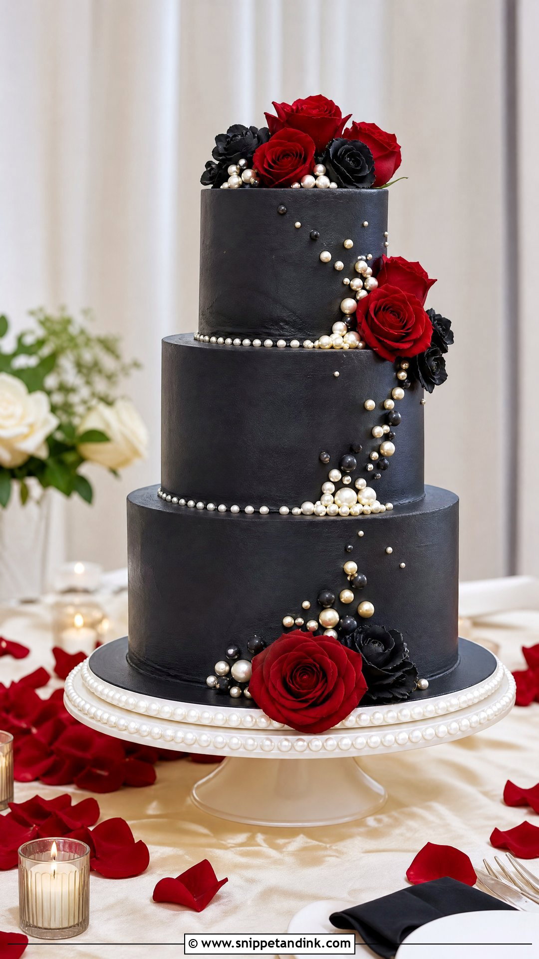 Black And Red Wedding Cake With Pearls - Snippet and Ink - 30 Black and Red Cake Ideas for Wedding
