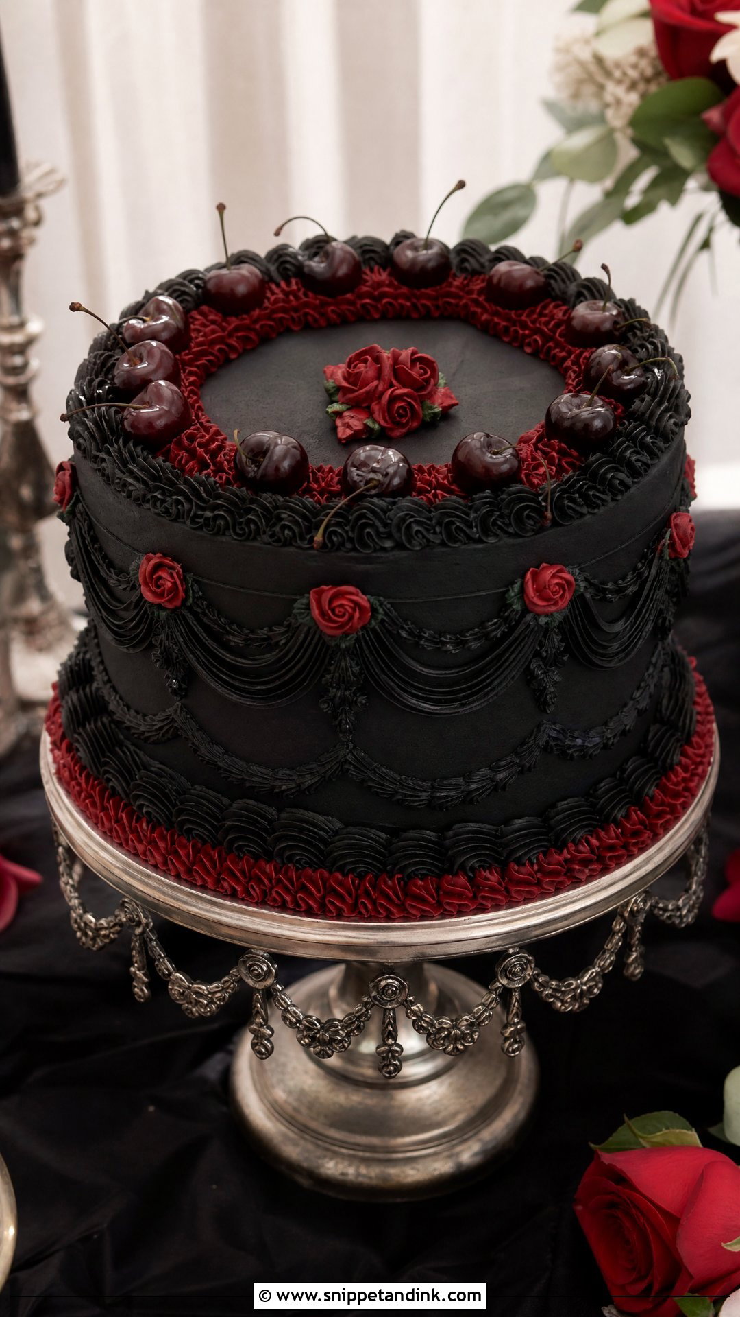 Black And Red Wedding Cake With Vintage Piping - Snippet and Ink - 30 Black and Red Cake Ideas for Wedding