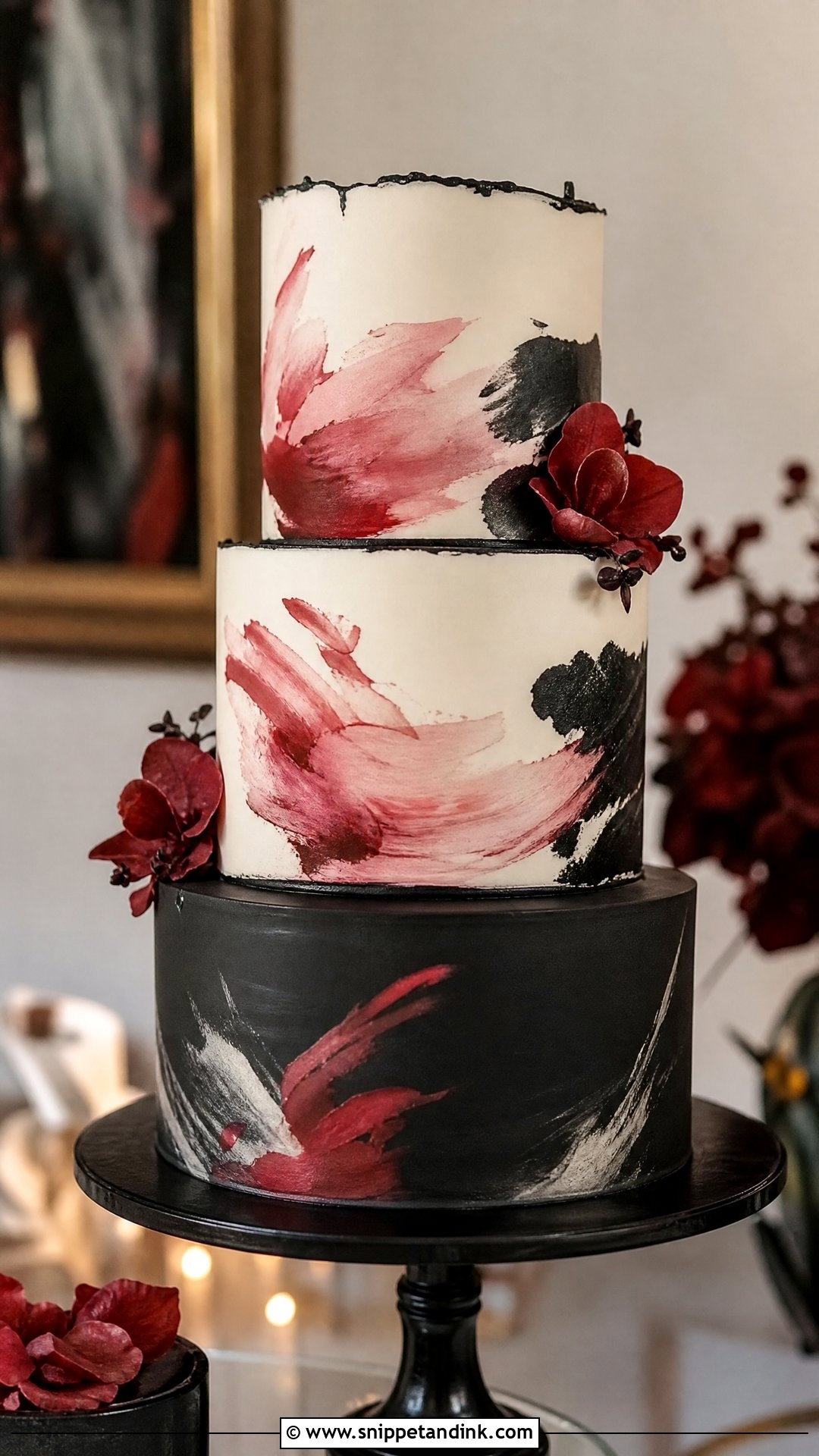 Black And Red Wedding Cake With Watercolor - Snippet and Ink - 30 Black and Red Cake Ideas for Wedding