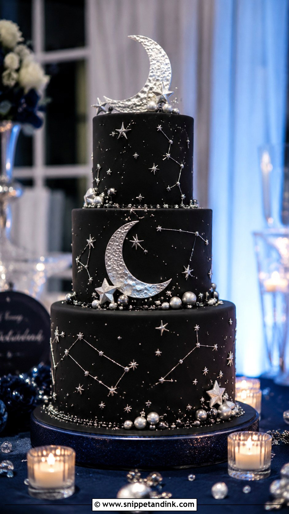 Black And Silver Celestial Wedding Cake - Snippet and Ink - 20 Black and Silver Cake Ideas for Wedding