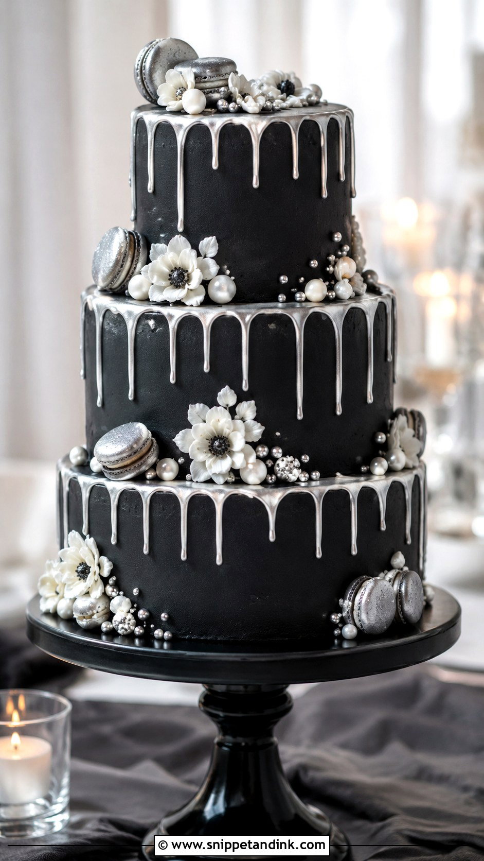 Black And Silver Drip Wedding Cake - Snippet and Ink - 20 Black and Silver Cake Ideas for Wedding