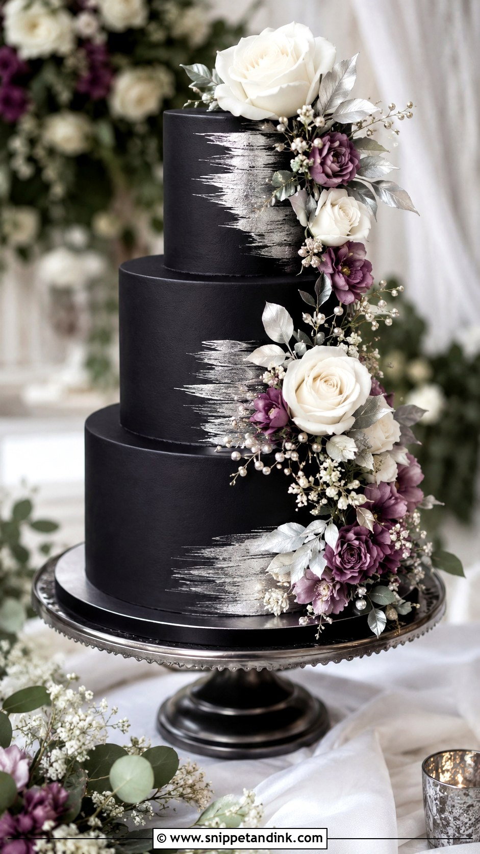 Black And Silver Floral Wedding Cake - Snippet and Ink - 20 Black and Silver Cake Ideas for Wedding