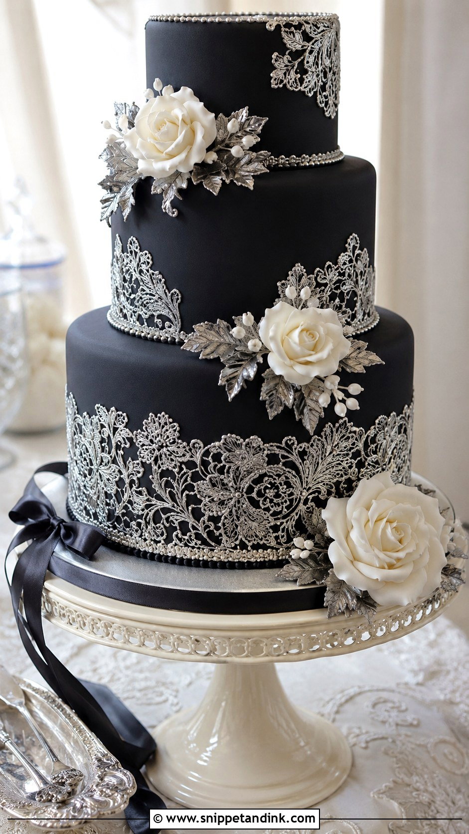 Black And Silver Lace Wedding Cake - Snippet and Ink - 20 Black and Silver Cake Ideas for Wedding