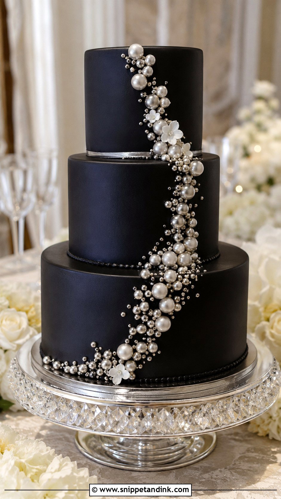 Black And Silver Pearl Wedding Cake - Snippet and Ink - 20 Black and Silver Cake Ideas for Wedding