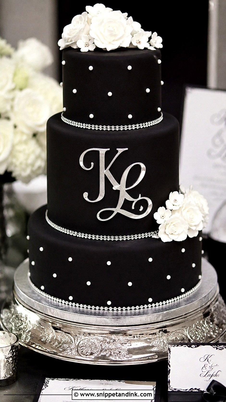 Black And Silver Wedding Cake With Monogram - Snippet and Ink - 20 Black and Silver Cake Ideas for Wedding