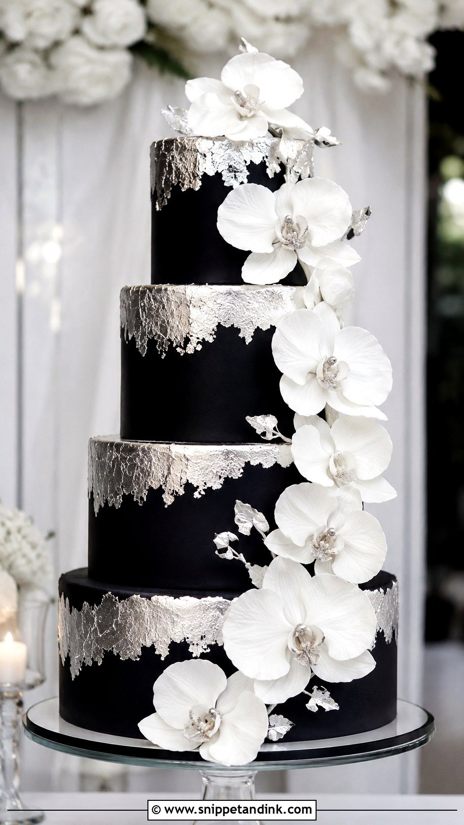 Black And Silver Wedding Cake With Orchids - Snippet and Ink - 20 Black and Silver Cake Ideas for Wedding