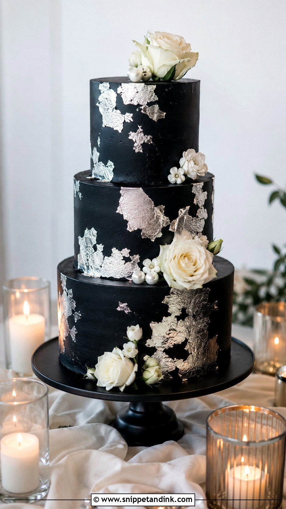 Black And Silver Wedding Cake With Silver Leaf - Snippet and Ink - 20 Black and Silver Cake Ideas for Wedding