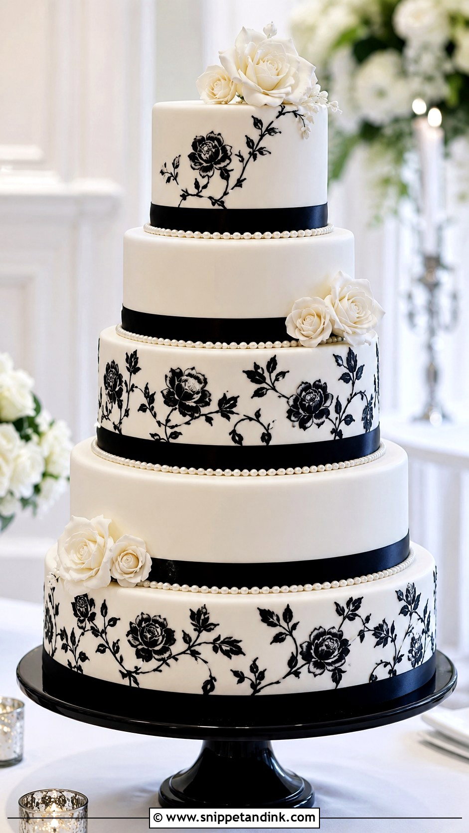 Black And White 5 Tier Wedding Cake - Snippet and Ink - 25 5 Tier Wedding Cake Ideas