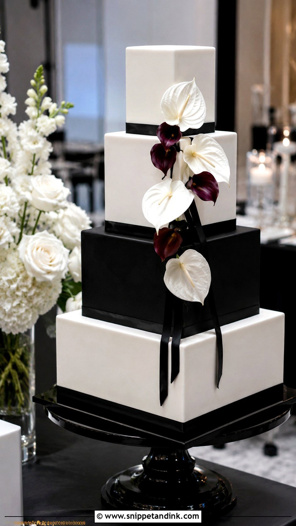 Black And White Anthurium Wedding Cake - Snippet and Ink - 20 Anthurium Wedding Cake Ideas