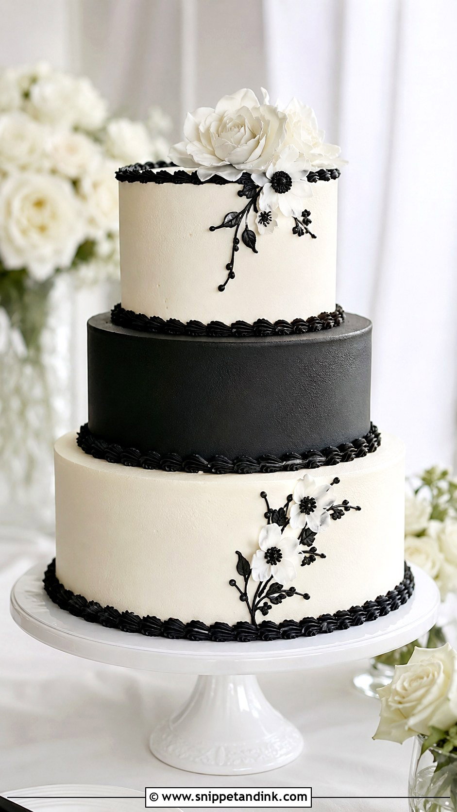 Black And White Buttercream Wedding Cake - Snippet and Ink - 20 Classic Black and White Wedding Cake Ideas
