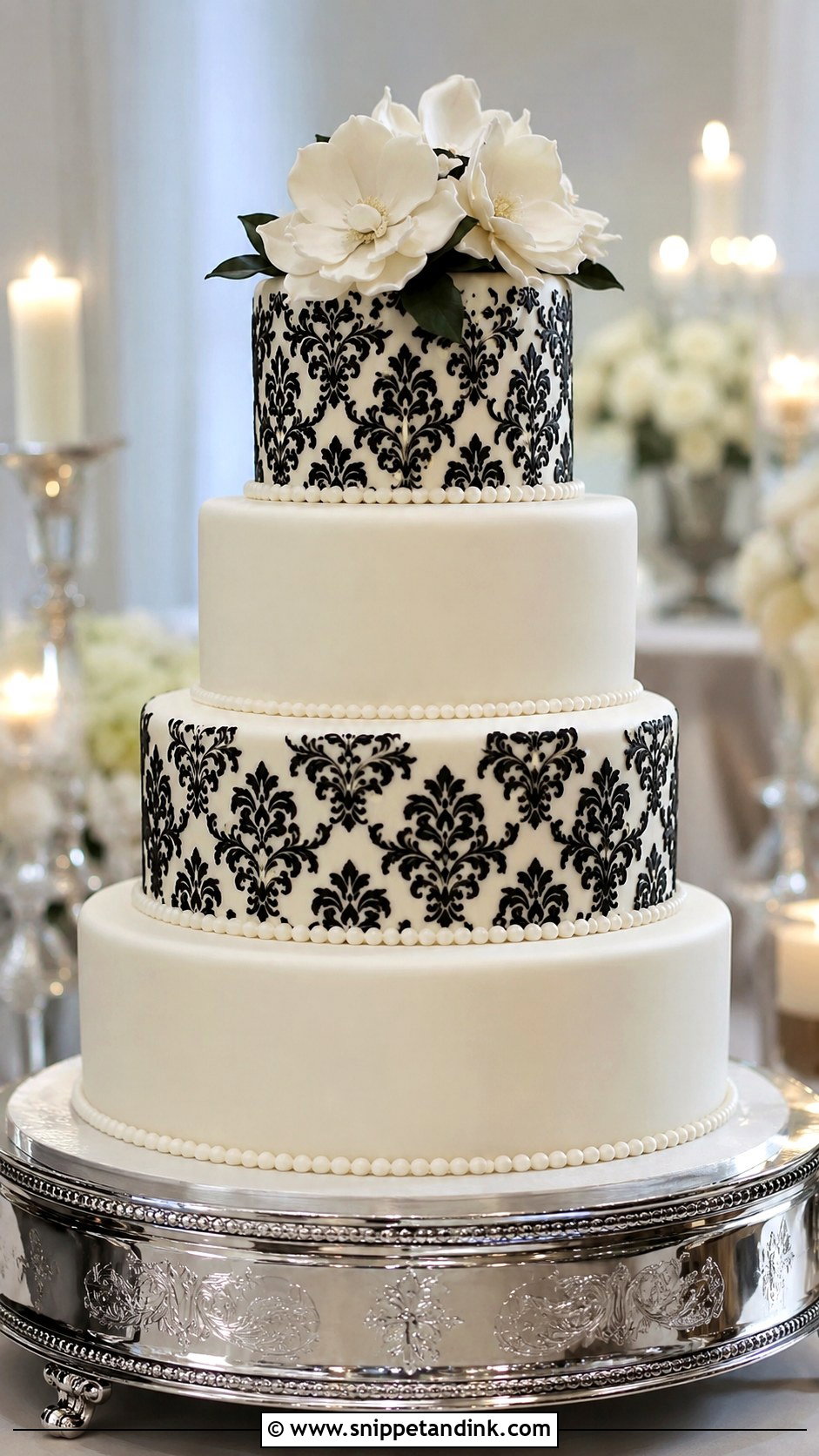 Black And White Damask Wedding Cake - Snippet and Ink - 20 Classic Black and White Wedding Cake Ideas