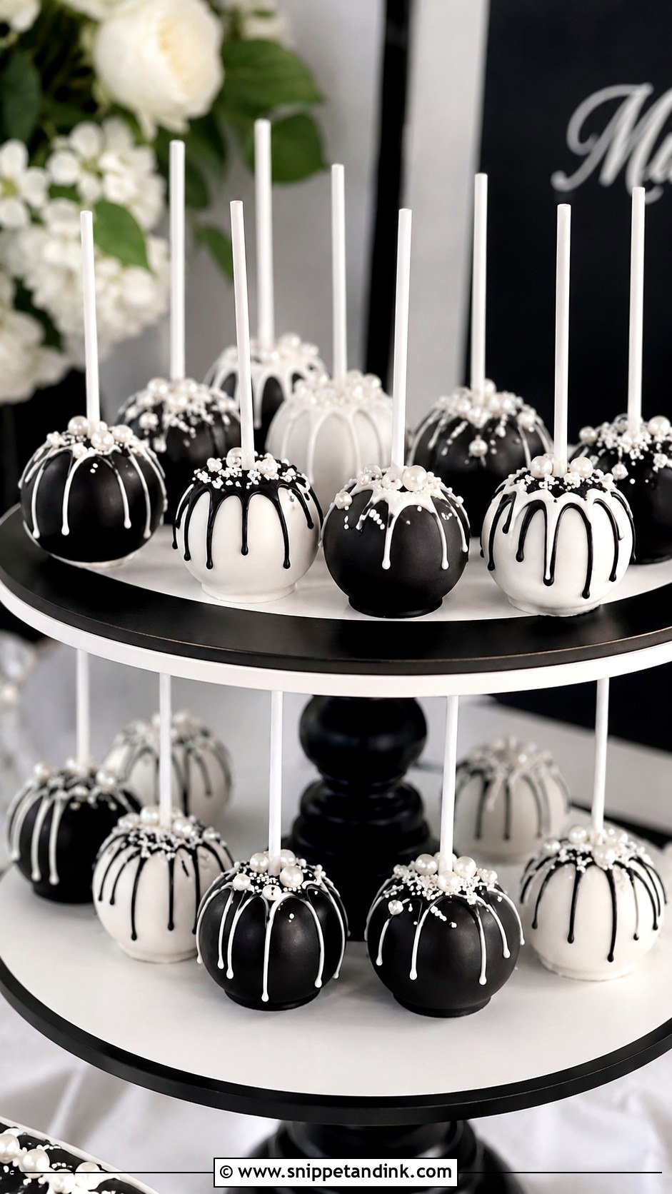 Black And White Drip Cake Pops - Snippet and Ink - 20 Black and White Wedding Cake Pops