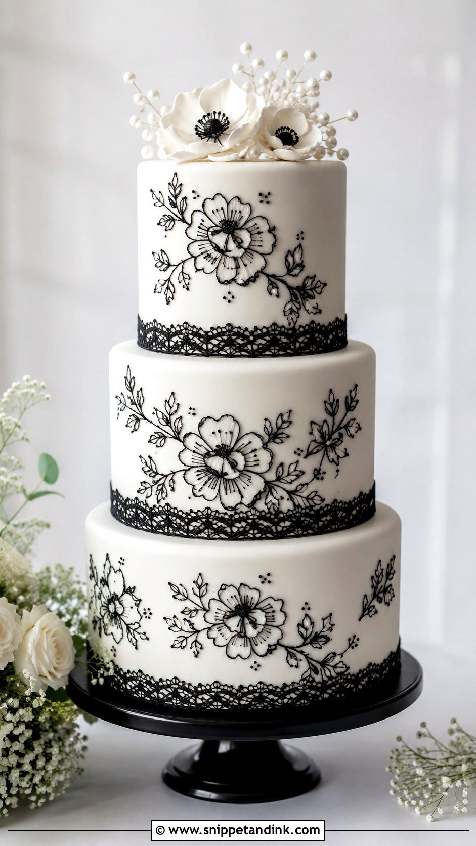 Black And White Embroidery Wedding Cake - Snippet and Ink - 20 Embroidery Cake Design Ideas for Wedding