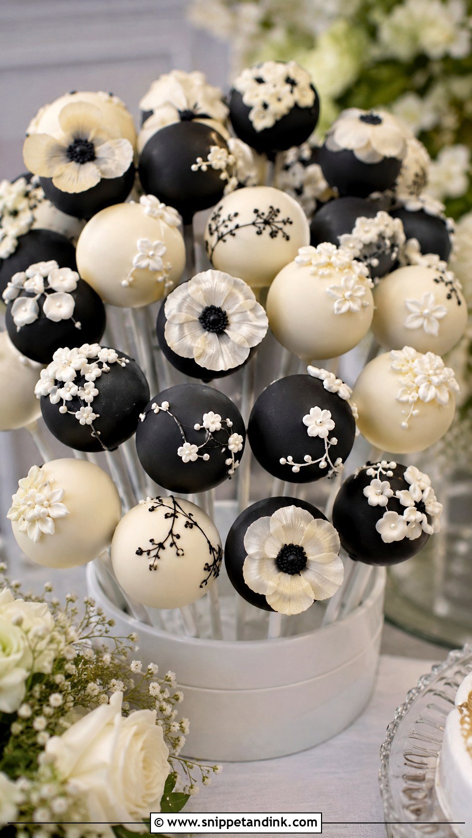 Black And White Floral Cake Pops - Snippet and Ink - 20 Black and White Wedding Cake Pops