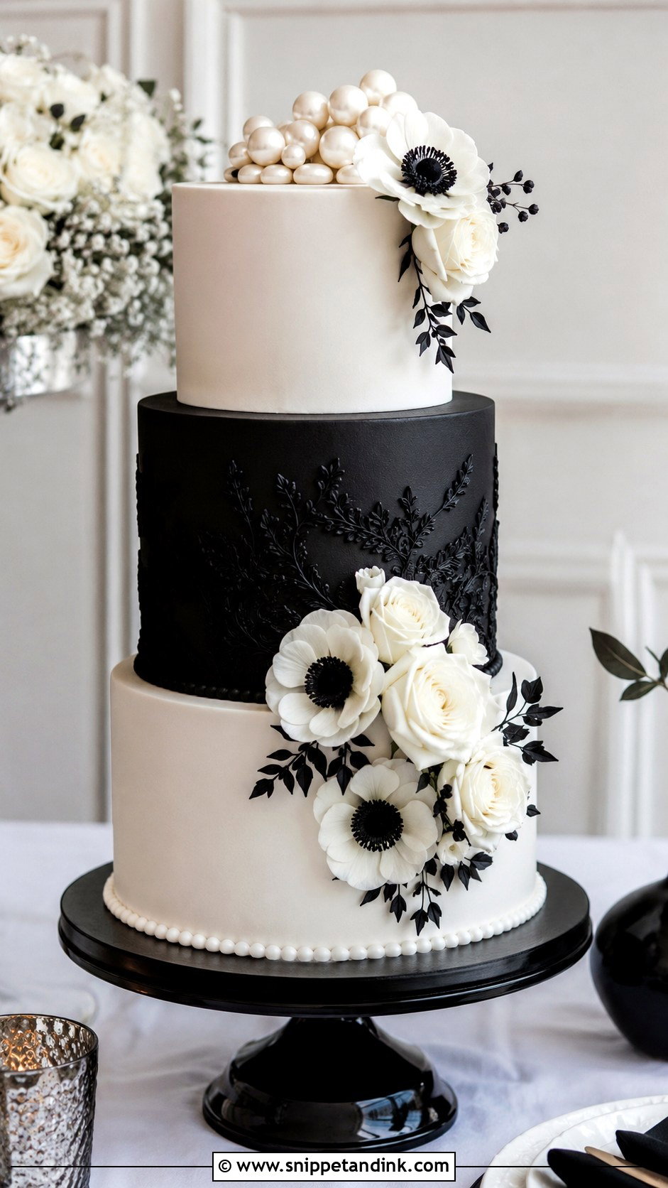 Black And White Floral Wedding Cake - Snippet and Ink - 20 Black Floral Cake Ideas for Wedding
