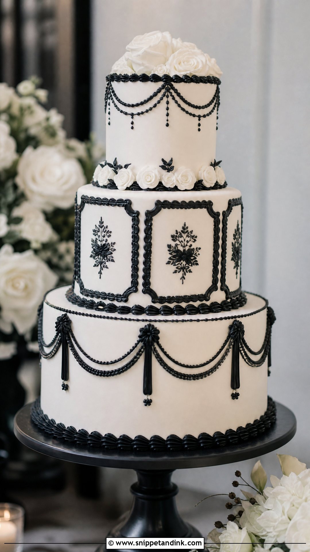 Black And White Lambeth Wedding Cake - Snippet and Ink - 20 Lambeth Wedding Cake Ideas