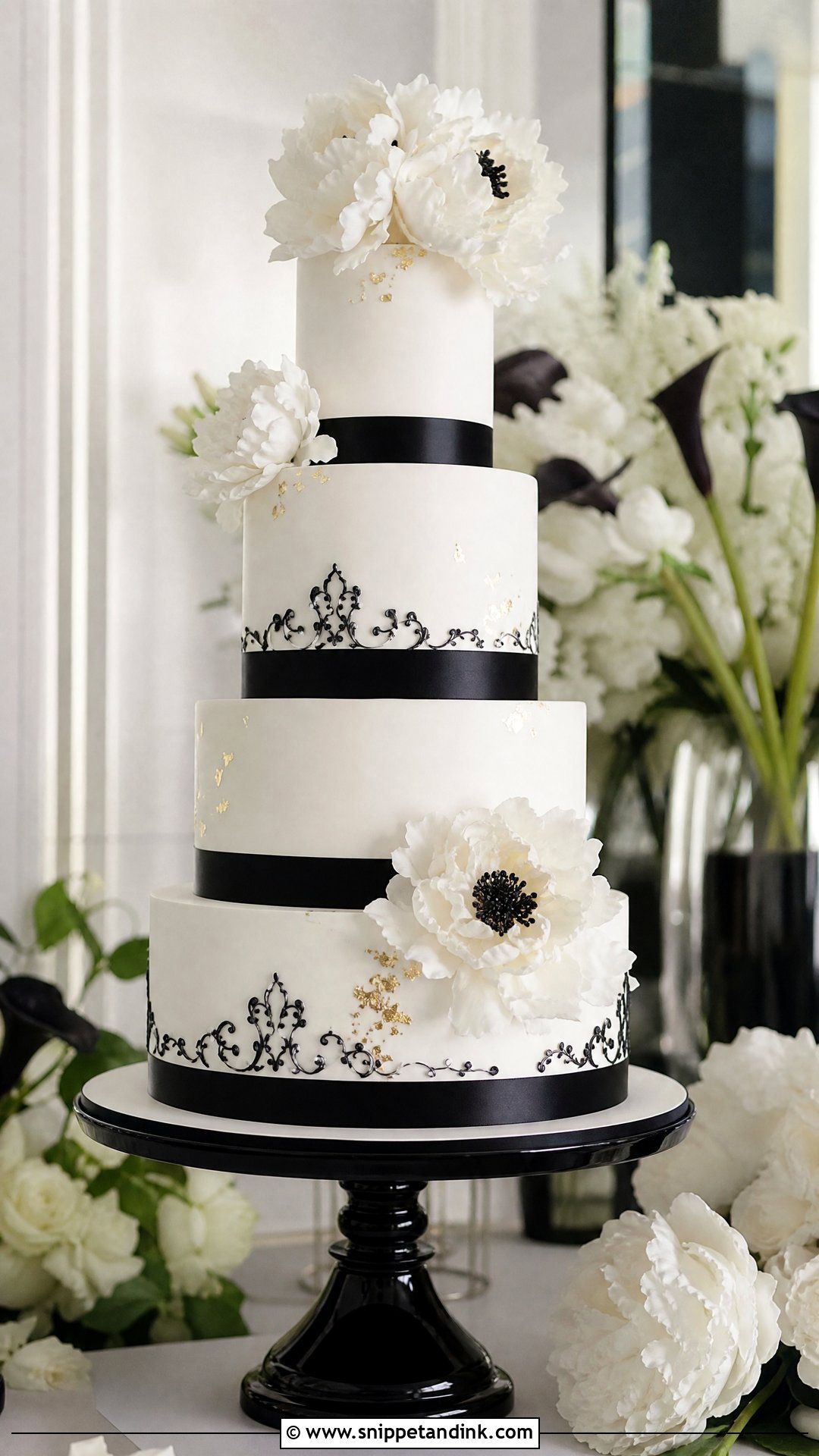 Black And White Peony Wedding Cake - Snippet and Ink - 25 Peony Cake Ideas for Wedding