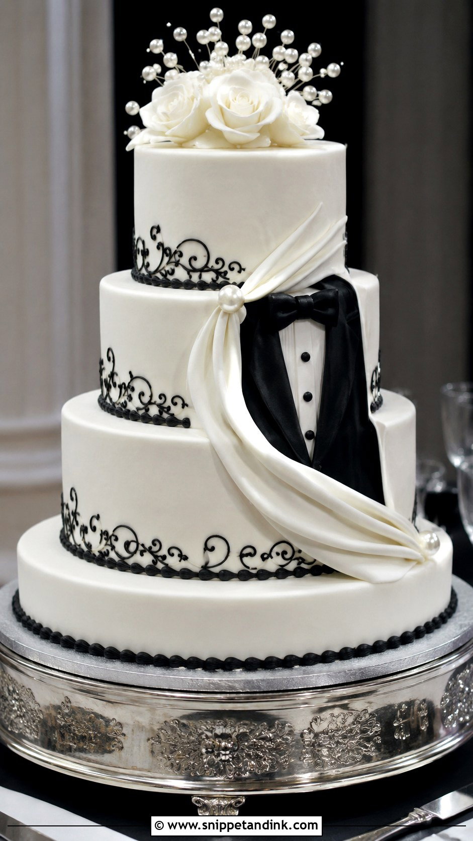 Black And White Reveal Wedding Cake - Snippet and Ink - 20 Reveal Wedding Cake Ideas