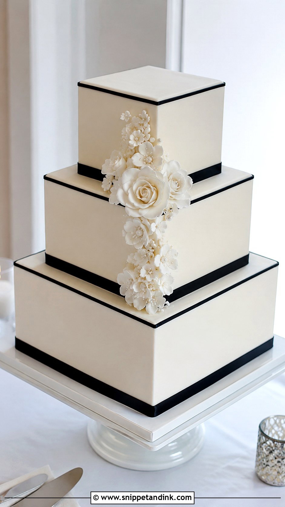 Black And White Square Wedding Cake - Snippet and Ink - 20 Classic Black and White Wedding Cake Ideas