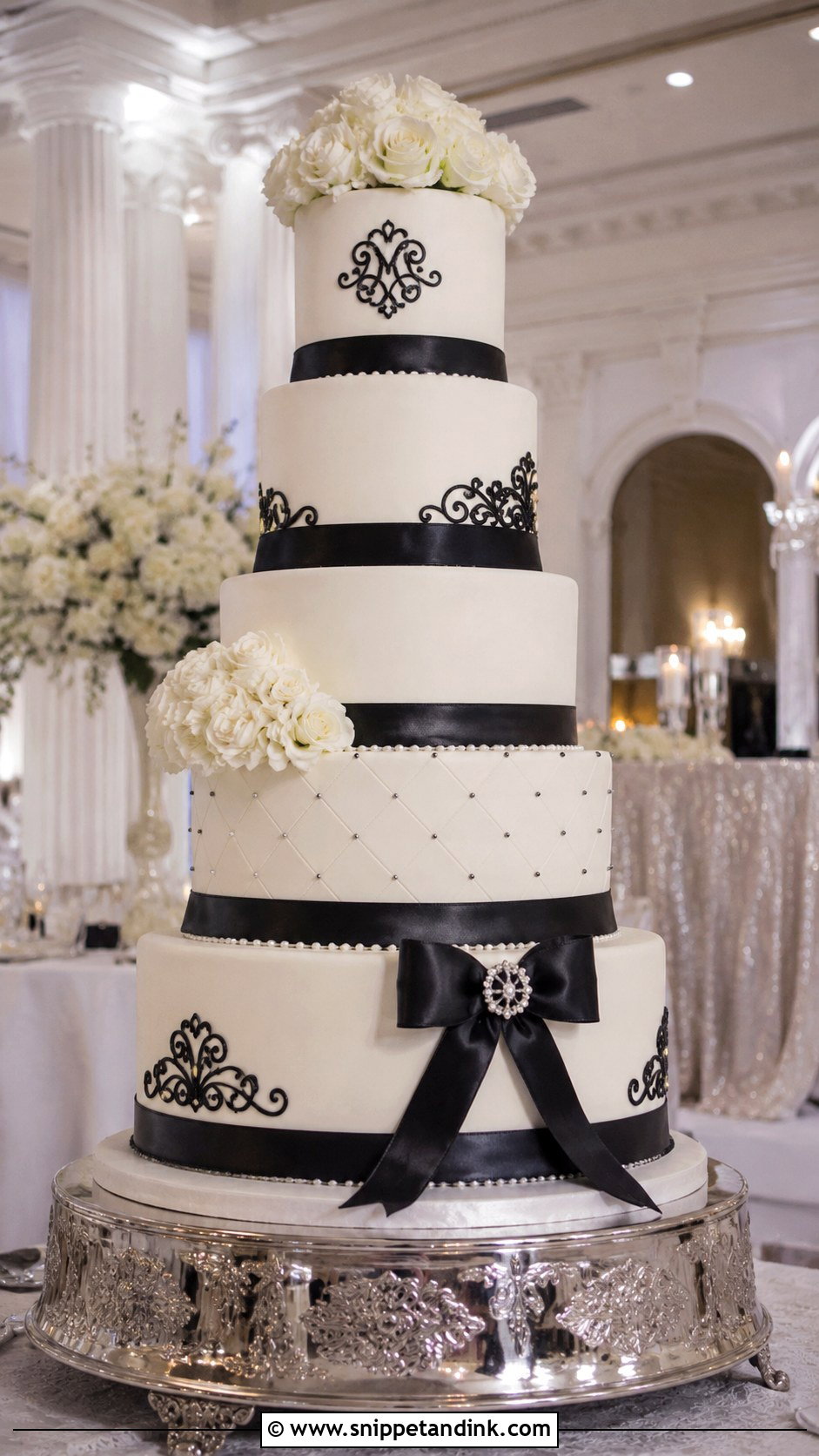 Black And White Tiered Wedding Cake - Snippet and Ink - 20 Classic Black and White Wedding Cake Ideas