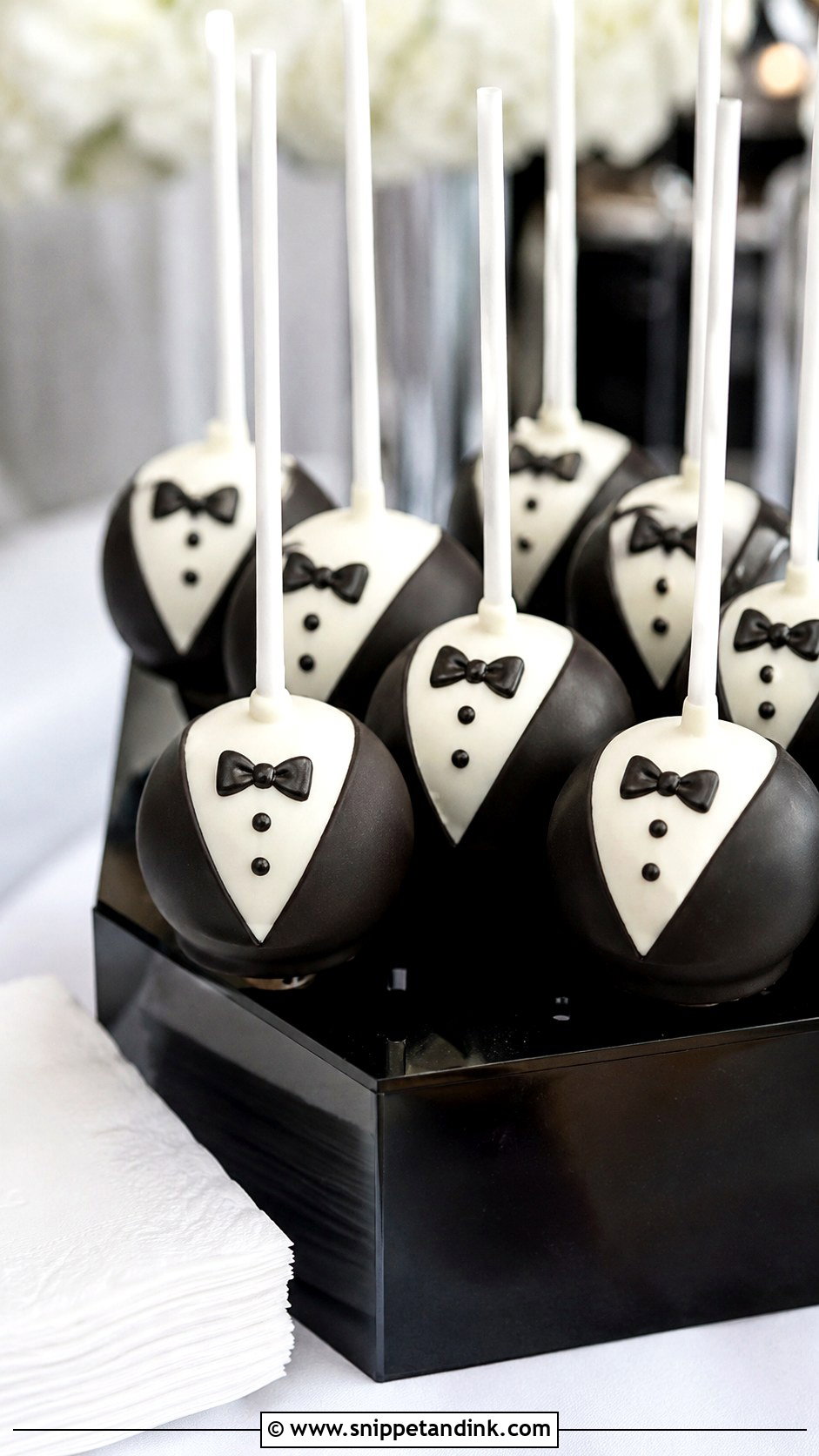 Black And White Tuxedo Cake Pops - Snippet and Ink - 20 Black and White Wedding Cake Pops