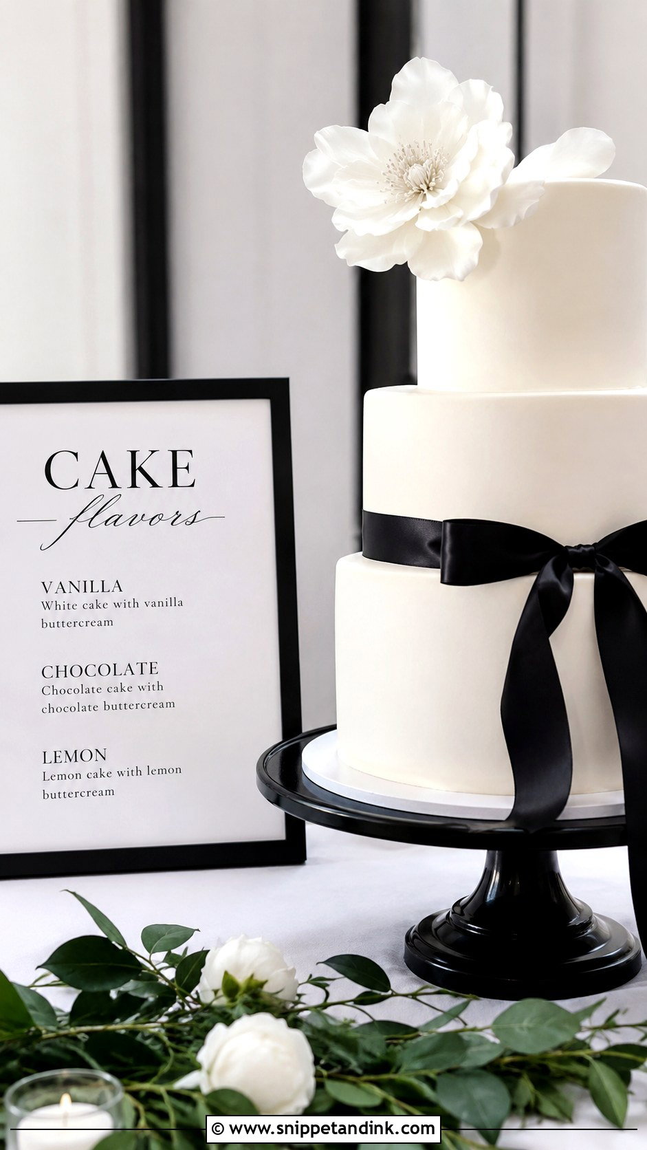 Black And White Wedding Cake Flavor Sign - Snippet and Ink - 20 Wedding Cake Flavour Sign Ideas