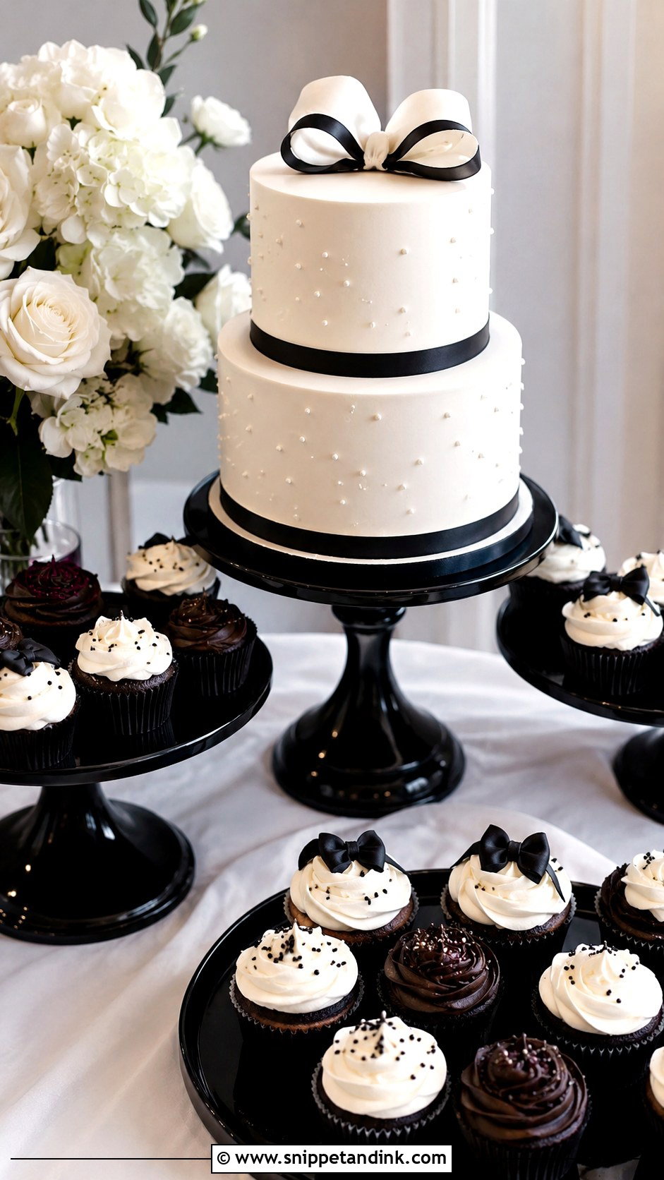 Black And White Wedding Cake Table With Cupcakes - Snippet and Ink - 20 Wedding Cake Table Ideas with Cupcakes
