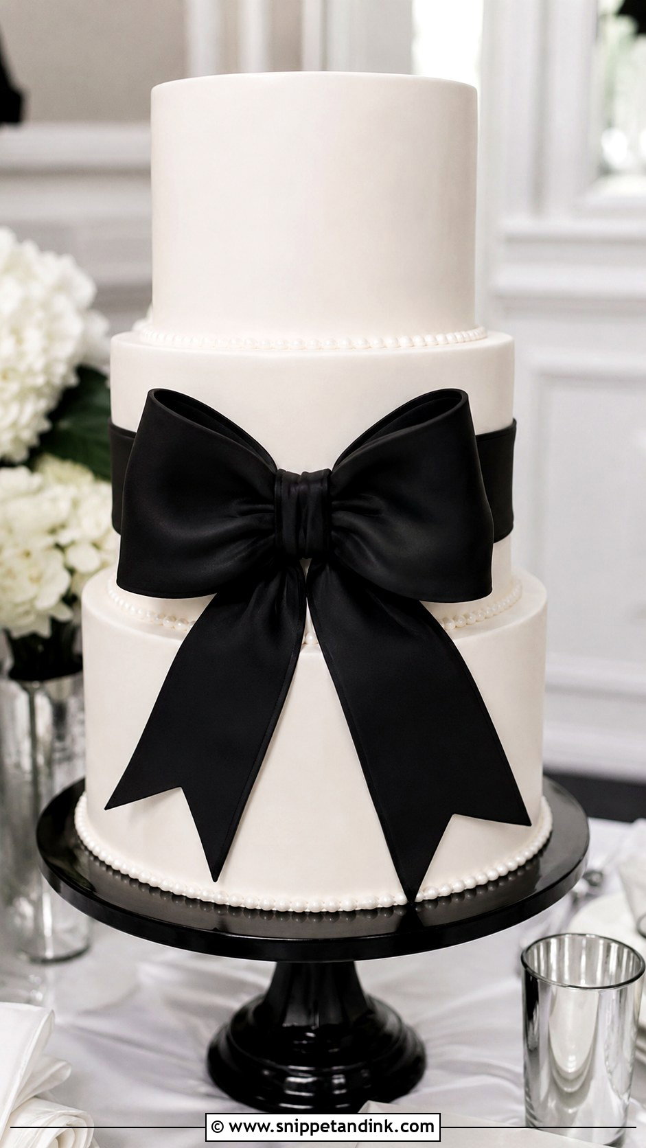 Black And White Wedding Cake With A Bow - Snippet and Ink - 20 Black and White Modern Wedding Cake Ideas