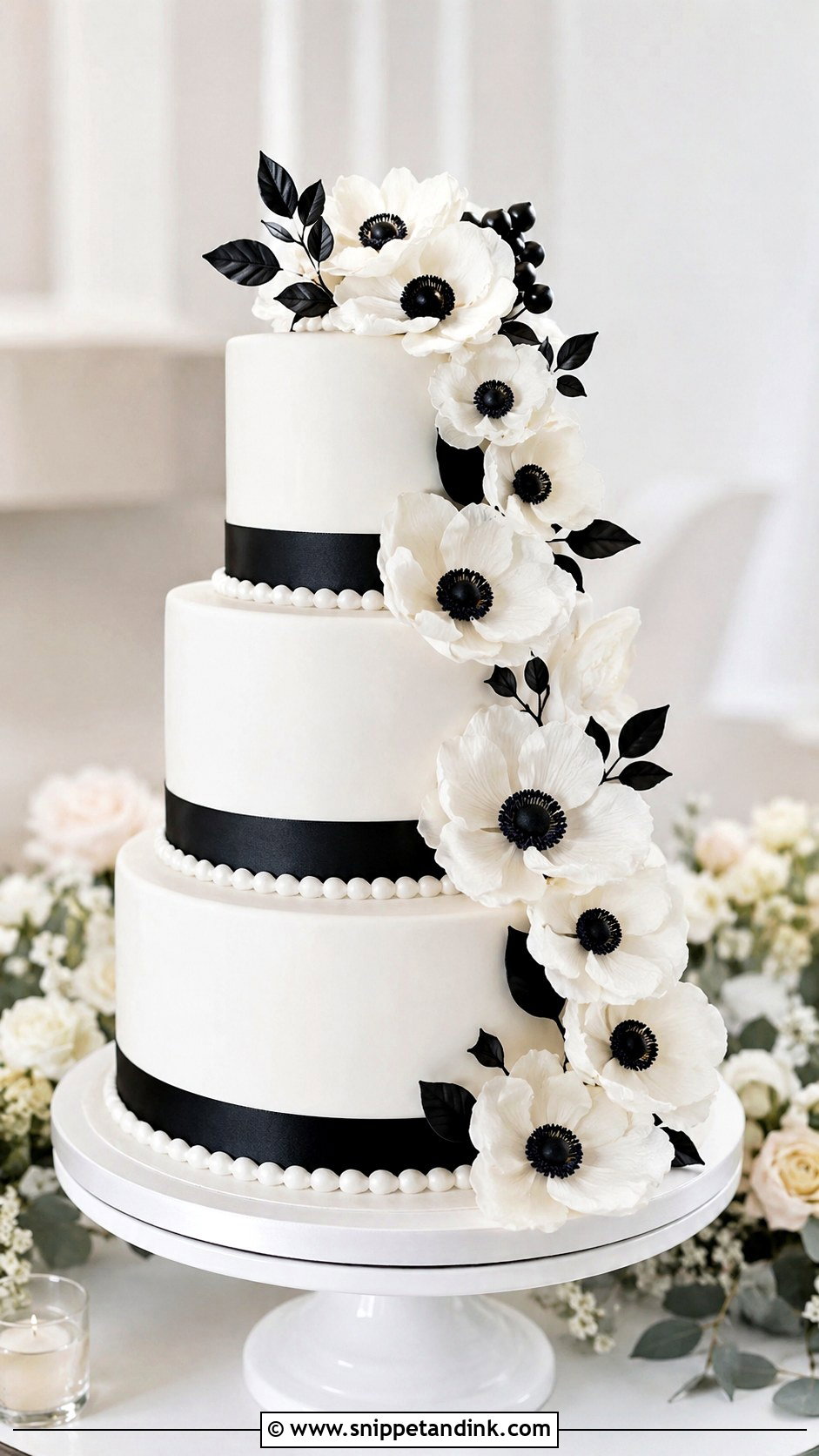 Black And White Wedding Cake With Anemones - Snippet and Ink - 20 Classic Black and White Wedding Cake Ideas