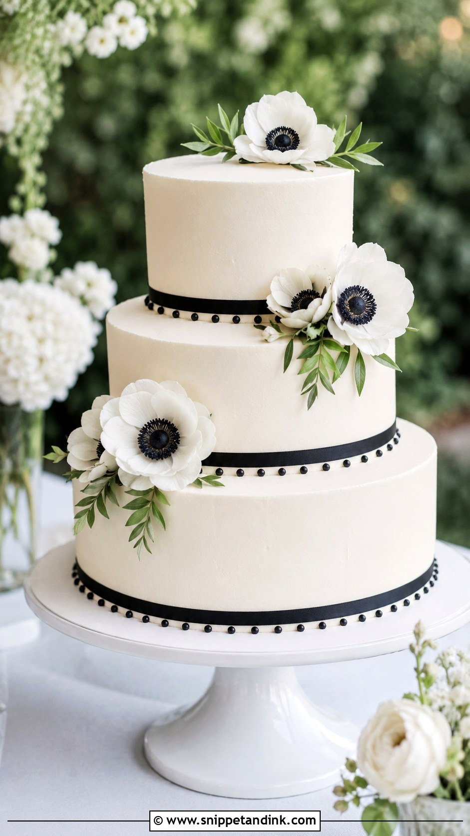 Black And White Wedding Cake With Anemones - Snippet and Ink - 20 Black and White Wedding Cake Ideas