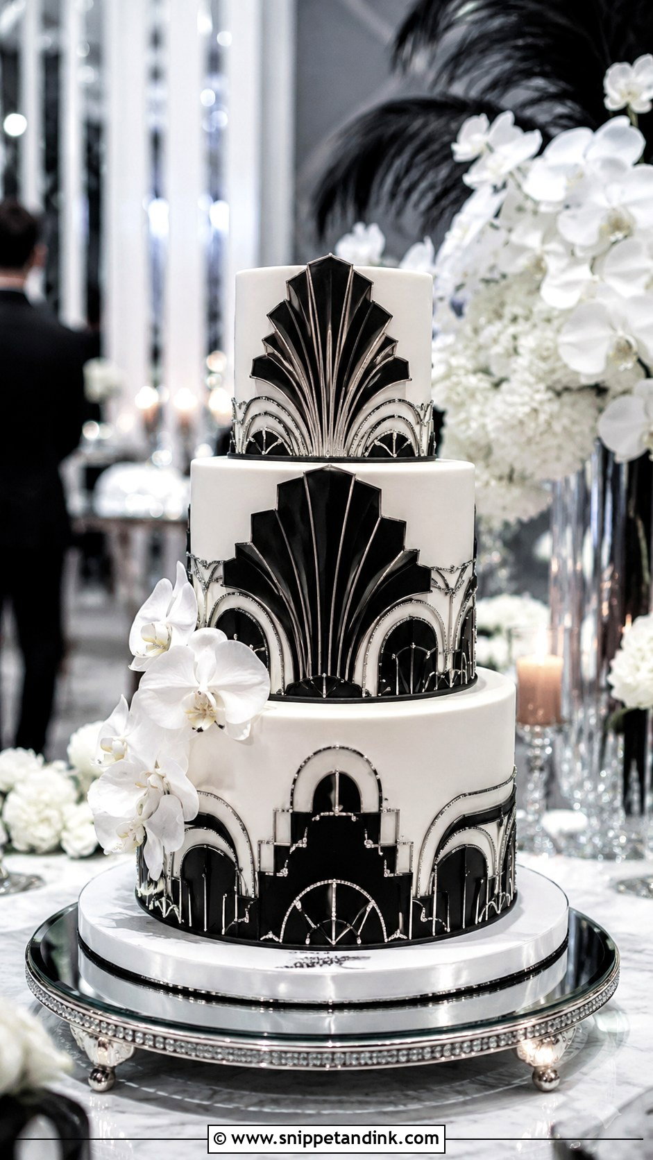 Black And White Wedding Cake With Art Deco Pattern - Snippet and Ink - 20 Black and White Modern Wedding Cake Ideas