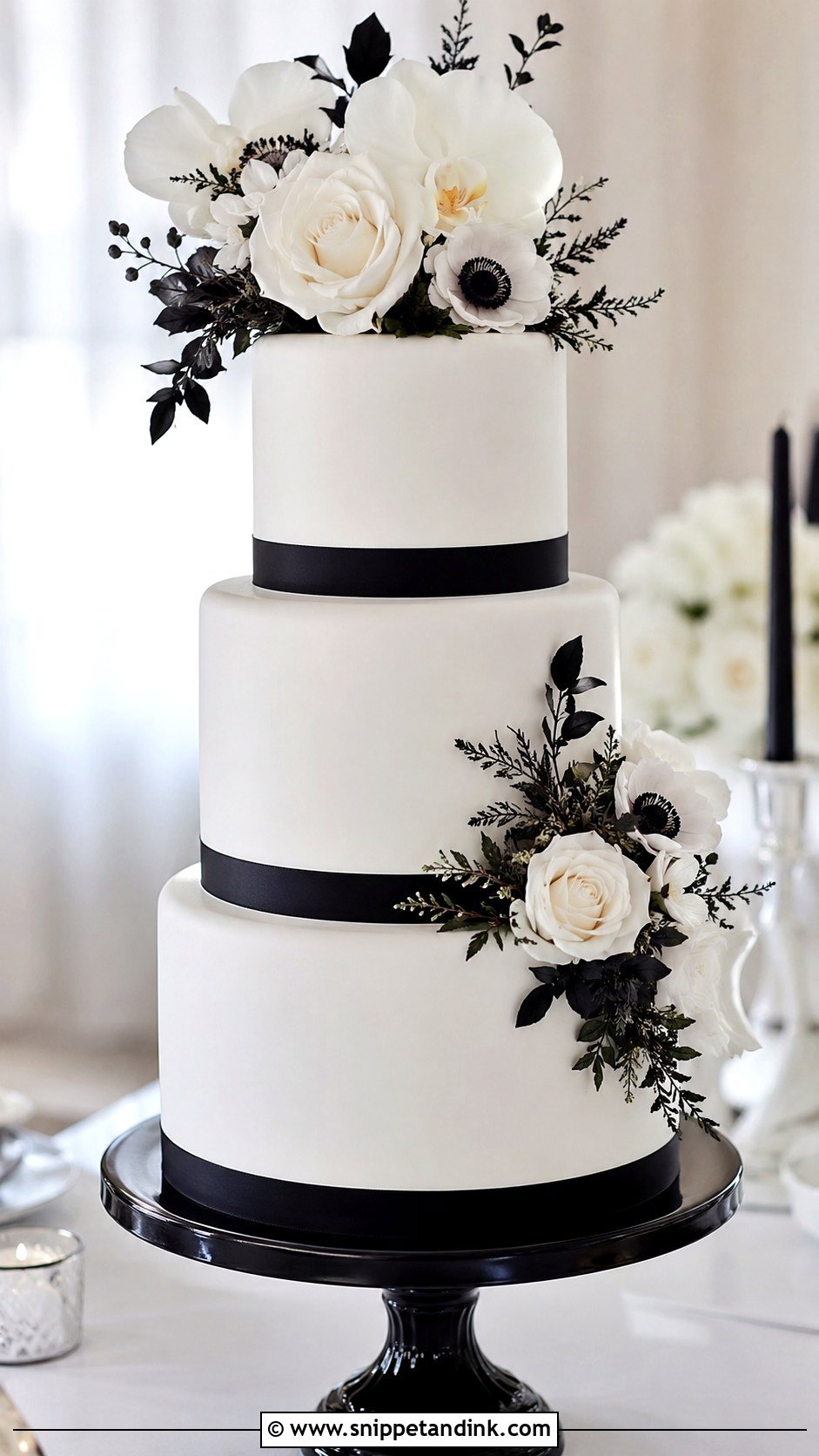 Black And White Wedding Cake With Artificial Flowers - Snippet and Ink - 20 Wedding Cake Ideas with Artificial Flowers