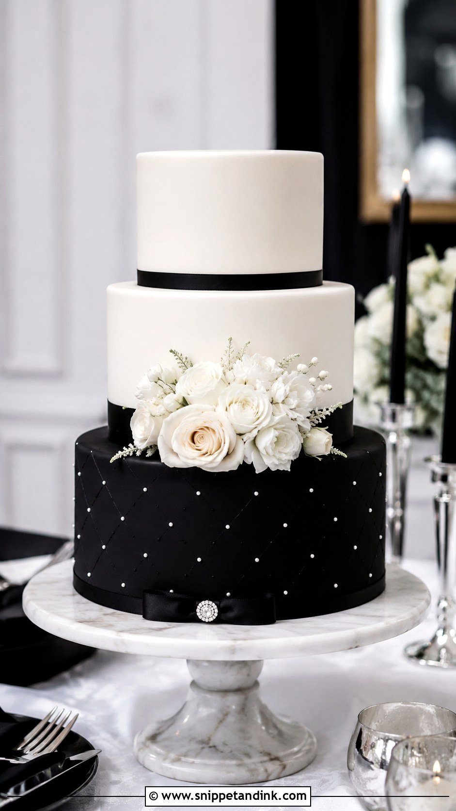 Black And White Wedding Cake With Black Bottom Tier - Snippet and Ink - 20 Black and White Modern Wedding Cake Ideas
