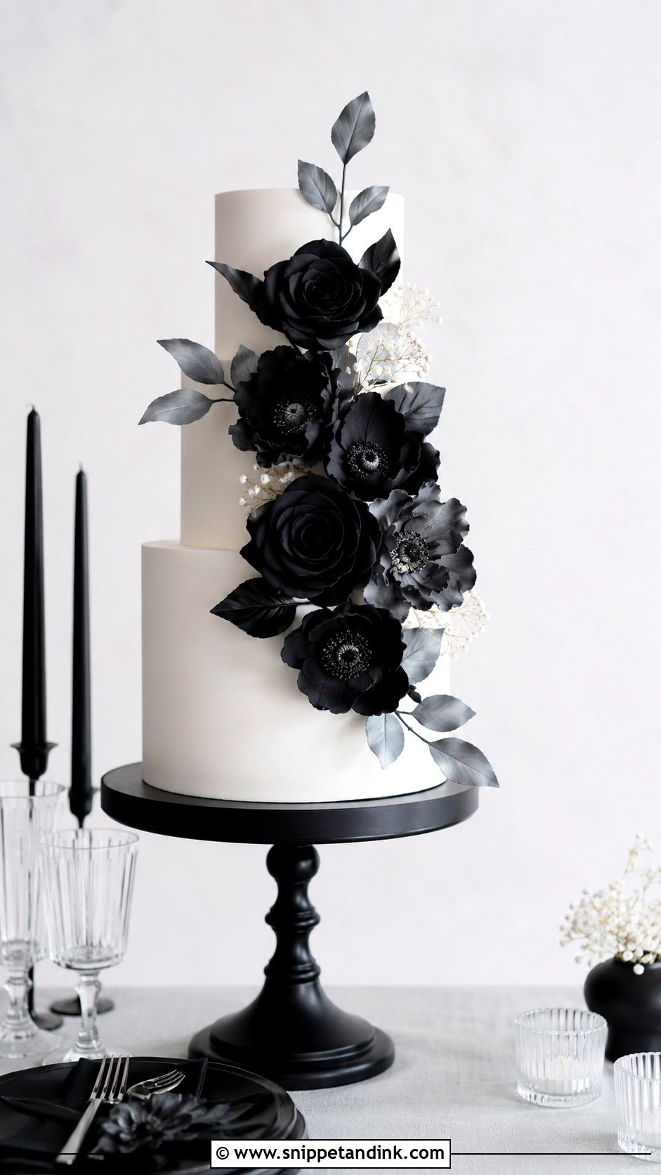 Black And White Wedding Cake With Black Florals - Snippet and Ink - 20 Black and White Modern Wedding Cake Ideas