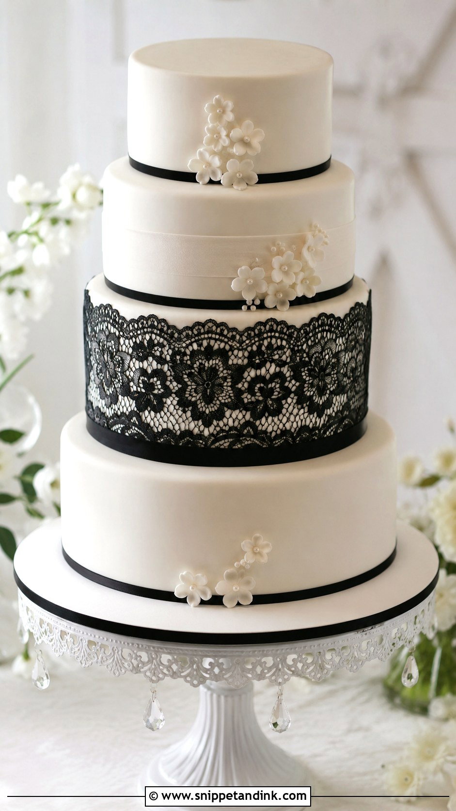 Black And White Wedding Cake With Black Lace - Snippet and Ink - 20 Black and White Modern Wedding Cake Ideas