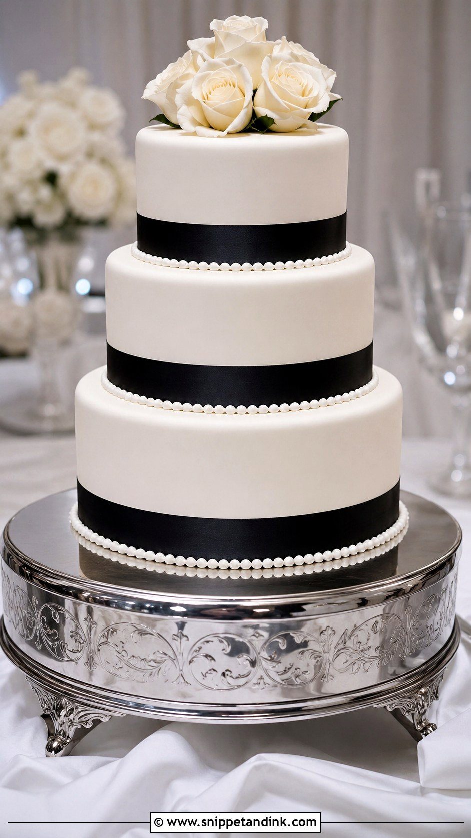 Black And White Wedding Cake With Black Ribbon - Snippet and Ink - 20 Black and White Modern Wedding Cake Ideas
