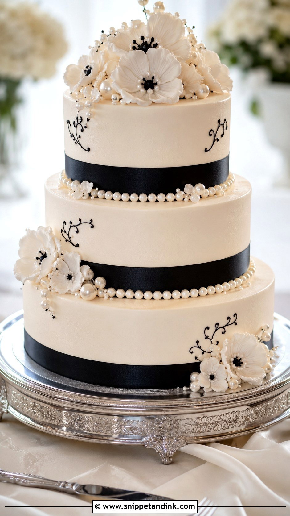 Black And White Wedding Cake With Bow - Snippet and Ink - 20 Black and White Wedding Cake Ideas