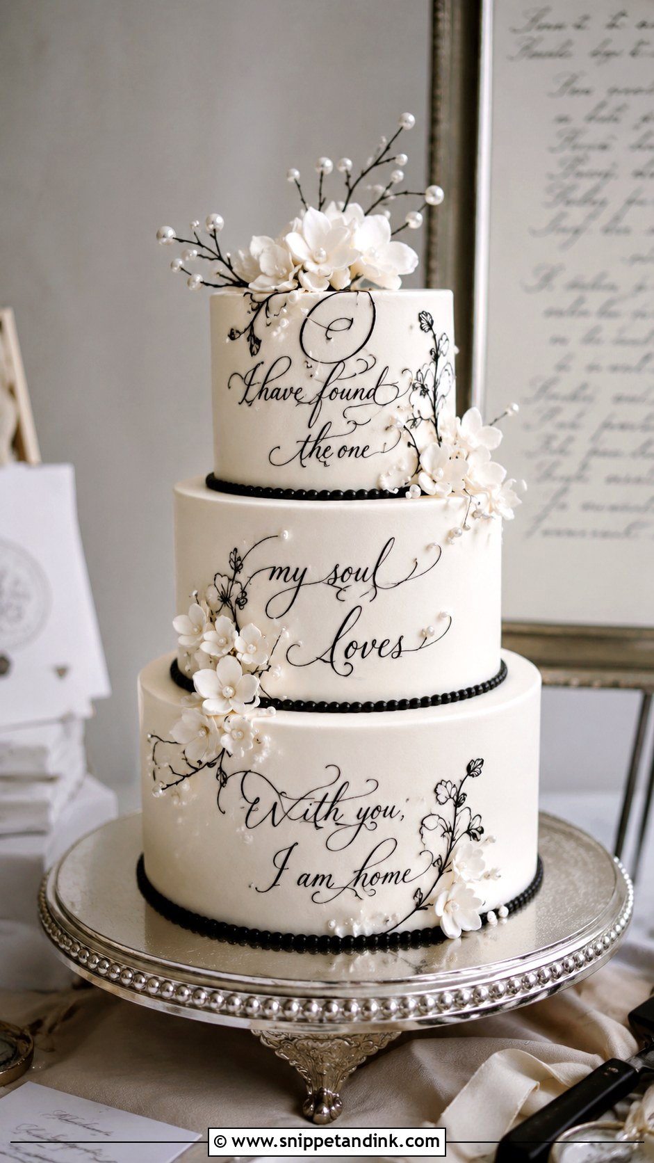 Black And White Wedding Cake With Calligraphy - Snippet and Ink - 20 Classic Black and White Wedding Cake Ideas
