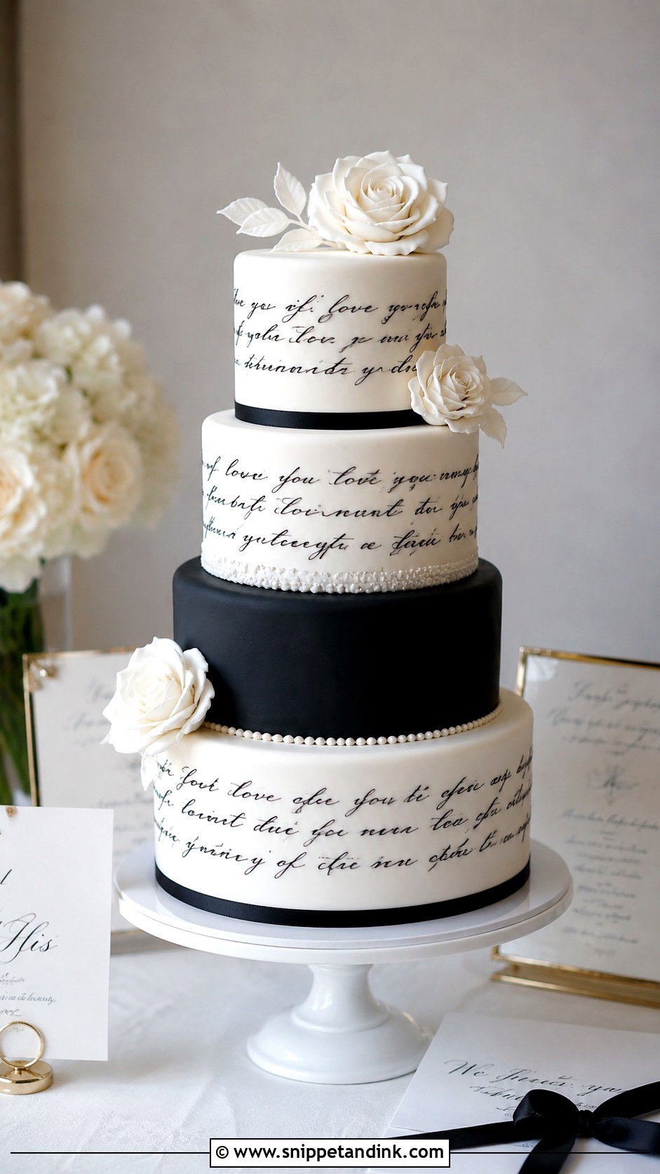 Black And White Wedding Cake With Calligraphy - Snippet and Ink - 20 Black and White Wedding Cake Ideas