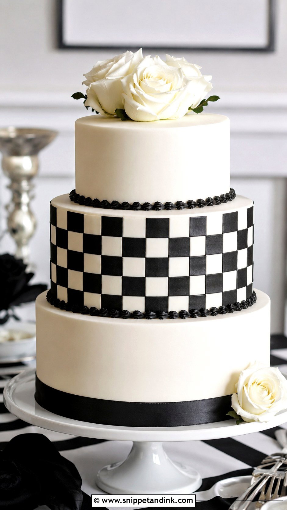 Black And White Wedding Cake With Checkerboard - Snippet and Ink - 20 Black and White Wedding Cake Ideas