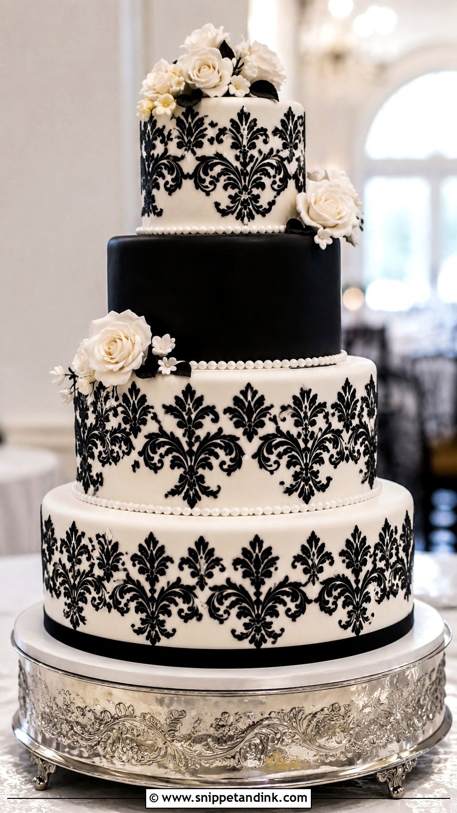 Black And White Wedding Cake With Damask - Snippet and Ink - 20 Black and White Wedding Cake Ideas