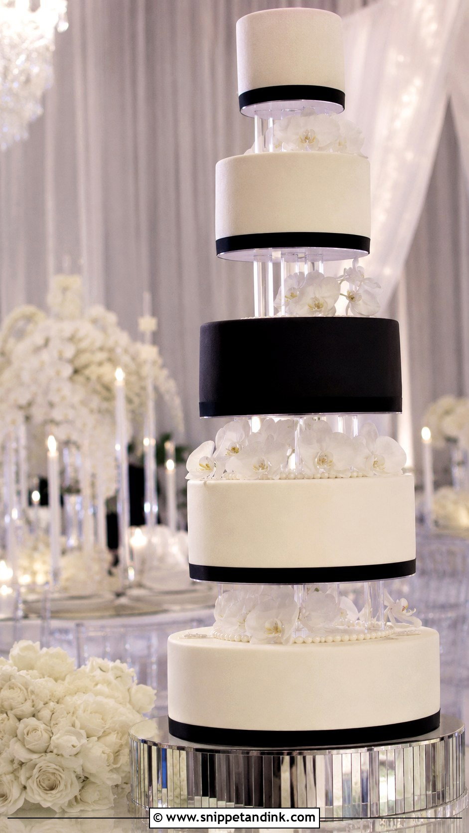 Black And White Wedding Cake With Floating Tiers - Snippet and Ink - 20 Black and White Modern Wedding Cake Ideas